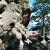 One of the two large boulder formations that the East Ridge Trail threads through