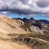 Imogene Pass Summit. Looking back down at Upper Camp Bird toward Ouray.