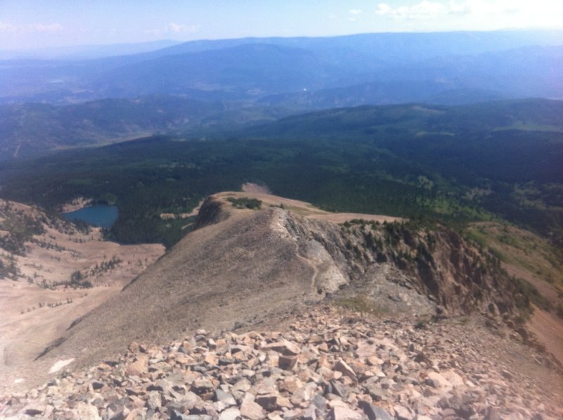 Looking down the talus field to the Roaring Fork Valley on the Mount Sopris Trail.