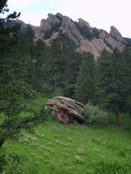 A boulder in a green meadow below Dinosaur Mtn with permission from BoulderTraveler