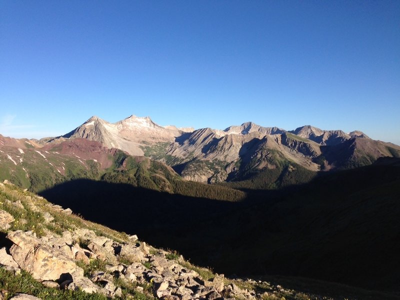 Top of Buckskin looking west to Snowmass Mountain and Trail Rider Pass