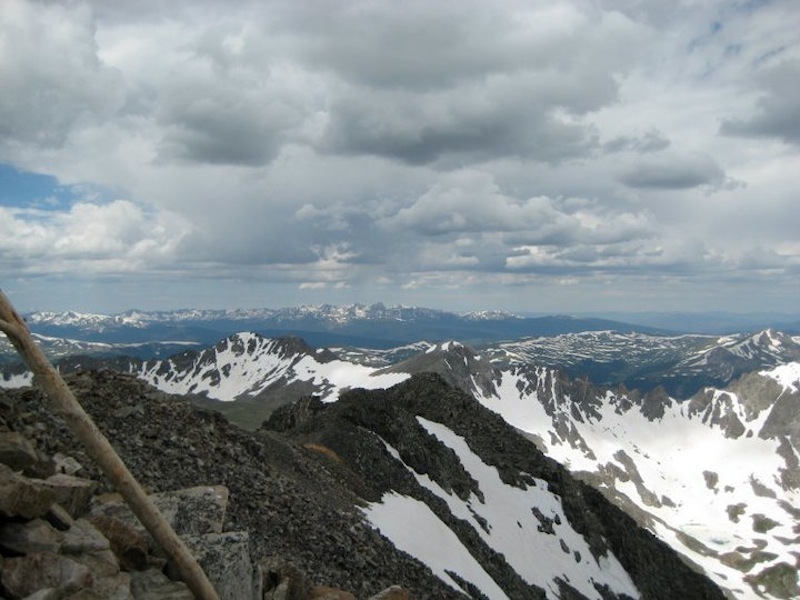 A view from the summit of Quandary Peak, taken in mid-July after a snowy winter.