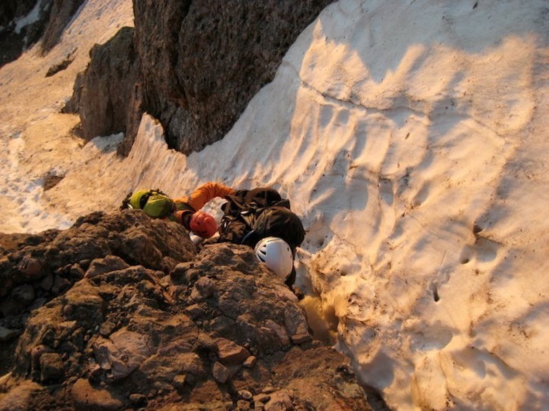 Class 3 move. Snowy scrambling just below the summit of Broken Hand Pass, July 2011.