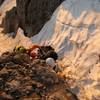 Class 3 move. Snowy scrambling just below the summit of Broken Hand Pass, July 2011.