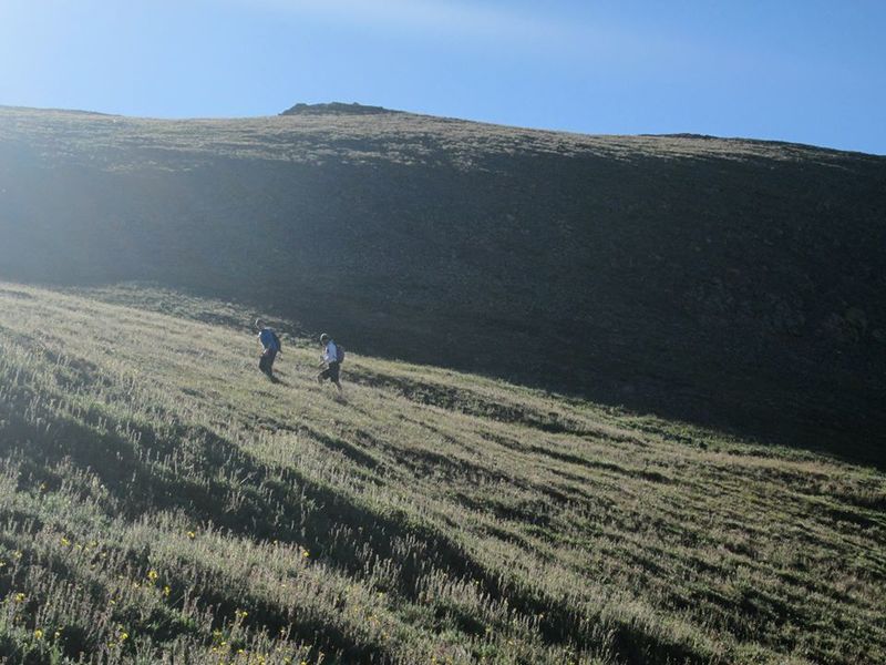 Grassy slopes below the saddle.  On Handies Peak Trail