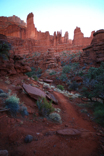 Strolling through the desert brush to Fisher Towers.  On the Fisher Towers Hiking Trail