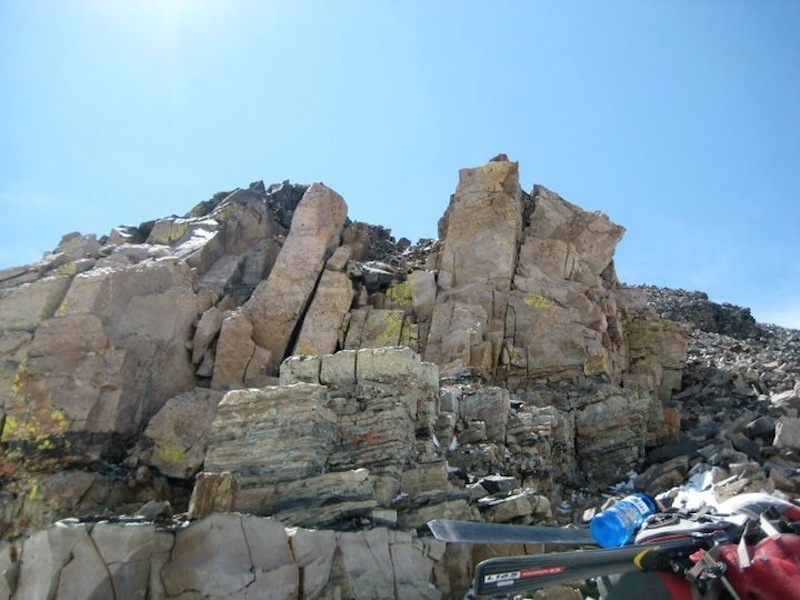 The downclimb from Castle Peak to its saddle with Conundrum. The chute pictured here is about as technical as it gets (not too bad). The rocks on the sides are loose, so be careful if you go around.