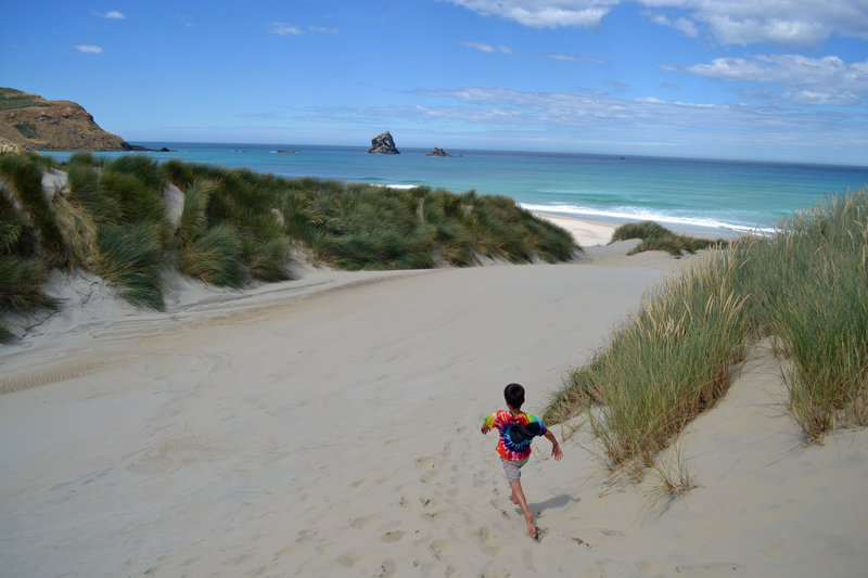 Fun in the dunes on the way to Sandfly Bay.