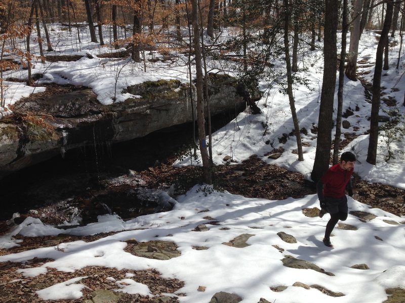 Navigating one of the creek crossings just above the technical, rocky descent at the 2.5-mile mark.