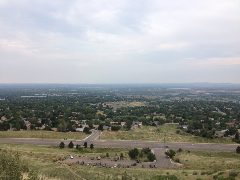 A view of the metro area and the trailhead with the Green Mountain Trail just climbed disappearing at the bottom of the photo