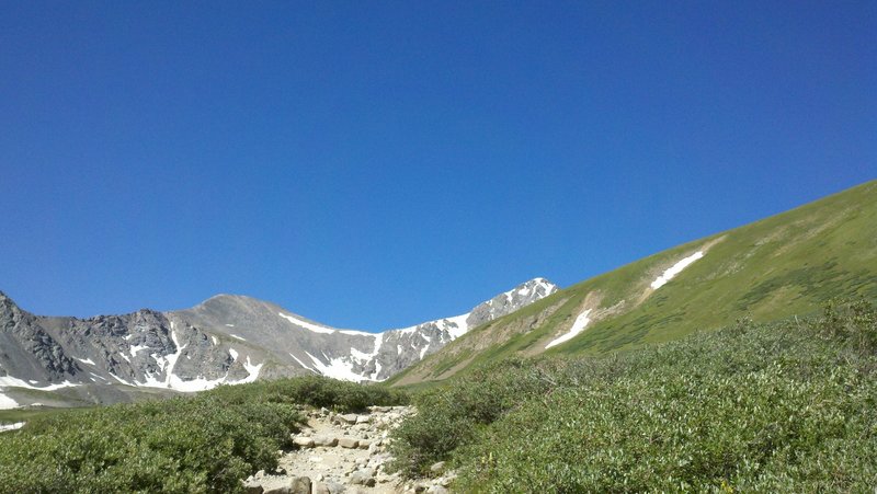 Grays (left) and Torreys (right) on a bluebird day along the Grays Peak Trail