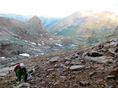 In the upper basin below Sunlight Peak, approaching the gully or "red couloir."