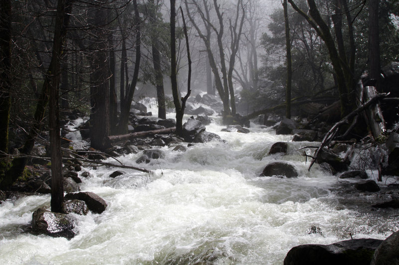 A raging torrent along Bridalveil Falls.