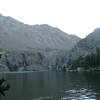 Willow Lake, its cliffs, and waterfall. Kit Carson and Challenger are up to the right, obscured from view.