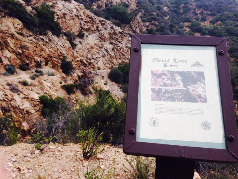 Historic marker showing cog railroad where mountain bikers are now.