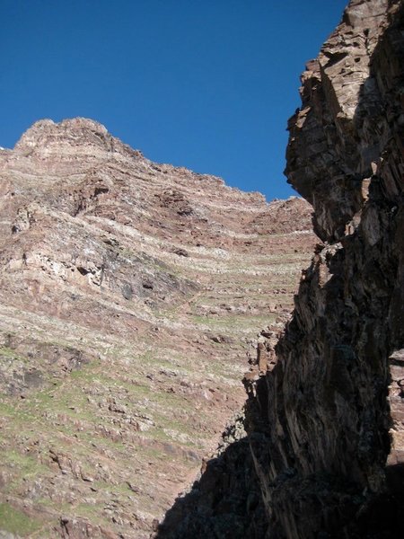 The view up the 2nd gully. This one is steep and loose. This is a good spot to put on your helmet.