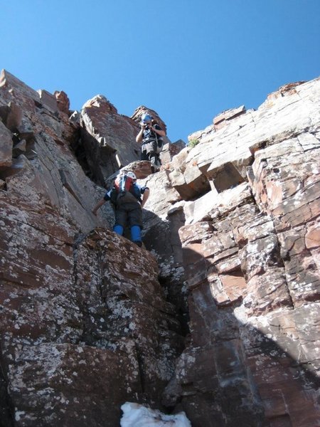 This class 4 chimney is generally regarded as the crux of this route. There are class 3 ways to the right, but they're less fun and may be looser.