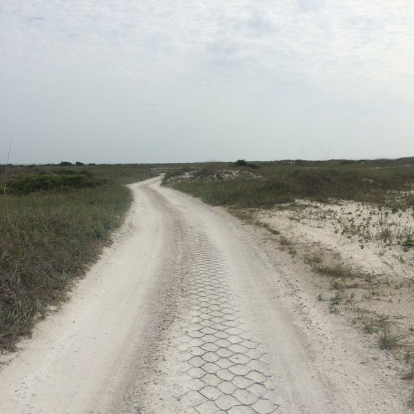 The stabilized sand road runs through dunes and scrub brush.