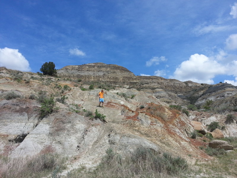 Looking uphill at the descent through the badlands.