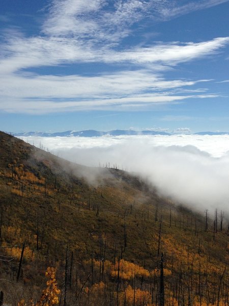 Low clouds conceal the Rio Grand Valley, leaving the Sangre de Cristo's exposed like a sleeping blue dragon in a bed of cotton.