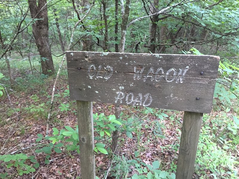 Old wooden sign for the Wagon Road