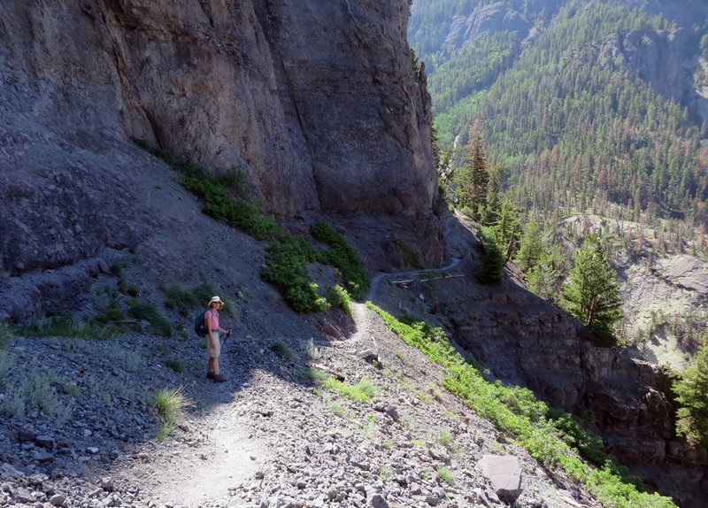 The trail goes from narrow to very narrow. An engineering wonder and a maintenance challenge. Not the trail for those afraid of heights.