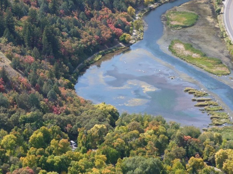 Aerial view of the last section of the trail as it passes third dam (taken from the Crimson Trail, another trail nearby)