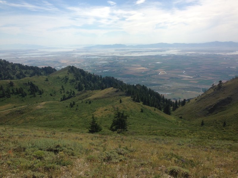 A view of the Great Salt Lake Valley and the Bear River from the ridge that ascends up and to Box Elder Peak