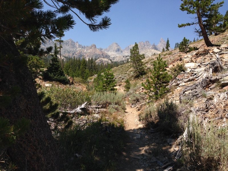 The trail a head with the Minaret Range.