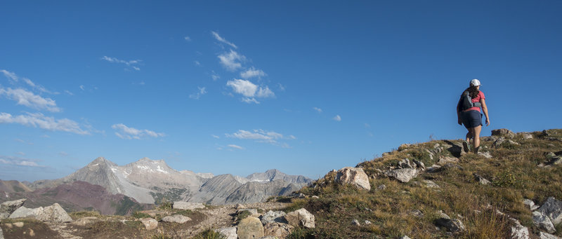 Cruising over the top of Bucksin Pass. Snowmass Mountain in the background. Photo: Michelle Smith