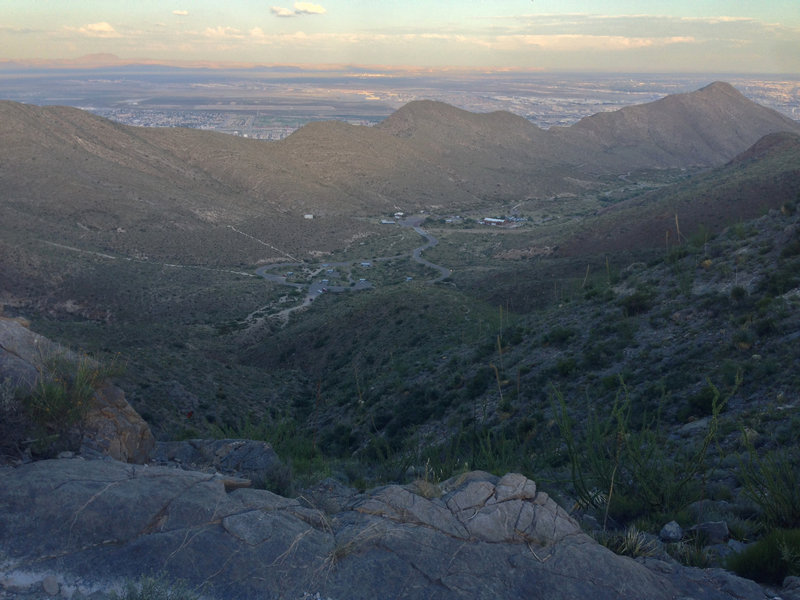 McKelligon Canyon and the Ron Coleman trailhead, as seen from the top of Sand to Sky. Long Way Up can be seen winding down in the center.