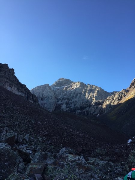 Pyramid's north face rises above the boulder field. This picture doesn't do it justice.
