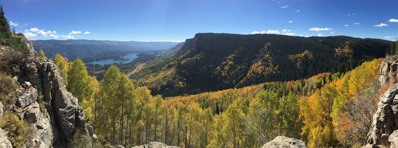 View of the aspens, the Animas River Valley, and Electra Lake looking south from the top of Castle Rock.