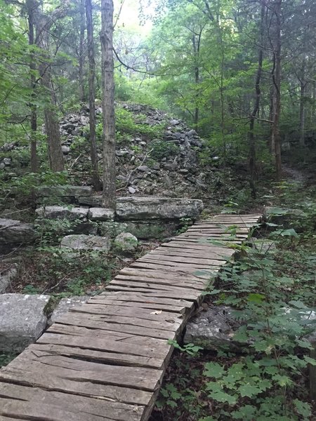 The old embankment for the 175 foot trestle that use to cross Fagan Creek. The old stone footings are not used to support a trail bridge.