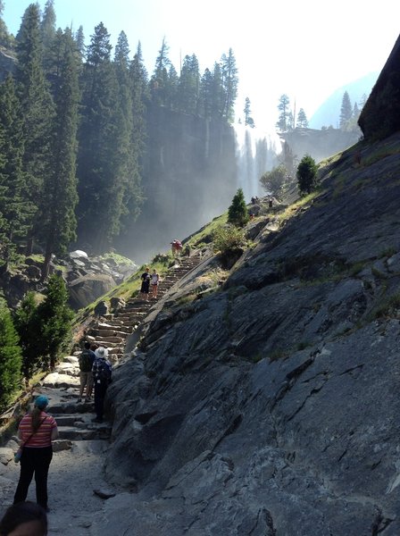 Get ready to work your quads because not only is it steep but its slippery on the Mist Trail! The only certainty here is that you won't overheat.