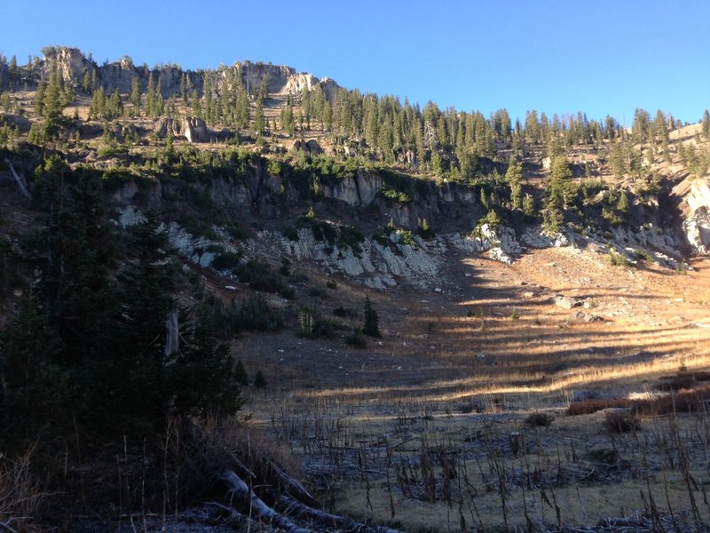 A view across the upmost basin and up to Pika Peak from Steam Mill Hollow.