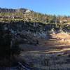 A view across the upmost basin and up to Pika Peak from Steam Mill Hollow.