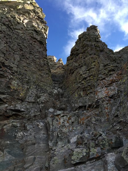 A look at some of the typical terrain. Find this class 3 chimney before skirting to the left to avoid getting cliffed out.