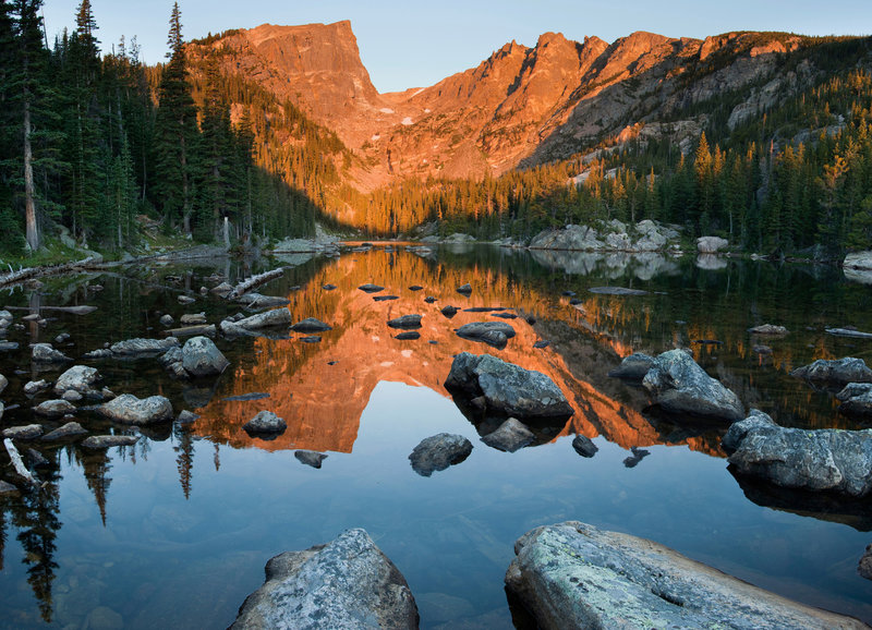 The view to Hallett Peak and Flattop Mountain from Dream Lake.