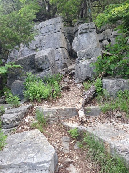 The trail pinches in between rocks.