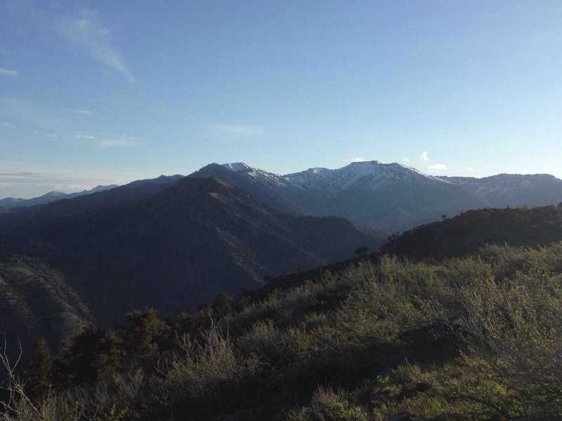 A view up Green Canyon from the Saddleback Mountain Trail, including Mount Jardine (middle right, capped in snow and flat).