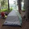 Setting up camp at lower Flapjacks Lake while hiking the Gladys Divide Trail.