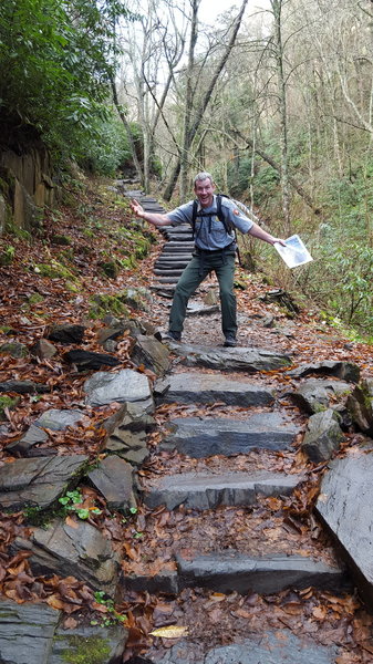 Heading up the flight of stairs.