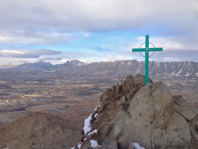 One of the trail's twelve stations of the cross, part of the Via Dolorosa. Sunland Park, western El Paso, and the Franklin Mountains are in the background.