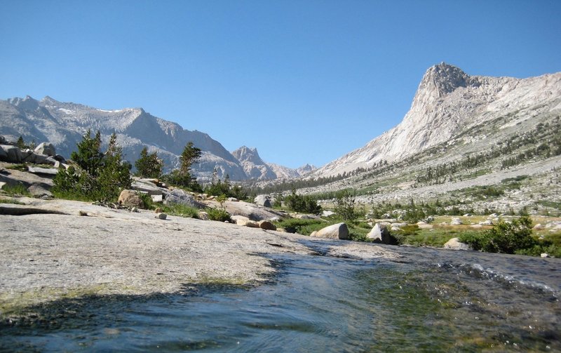 Looking up toward 9-lake basin after descending Kaweah gap.