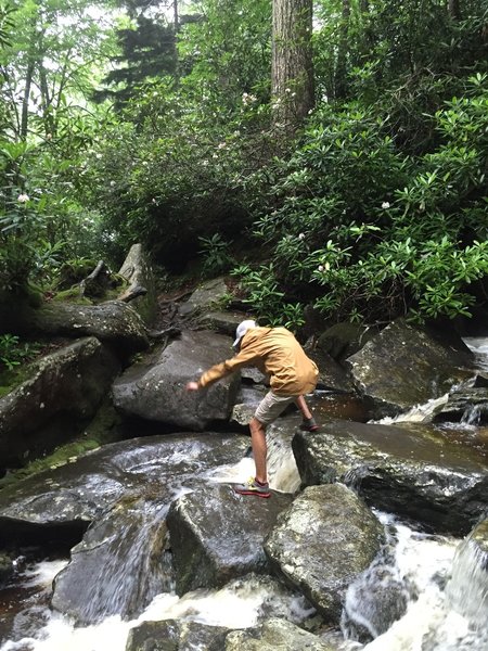 Hiker rock hopping a stream on the Ramsey Cascades trail.