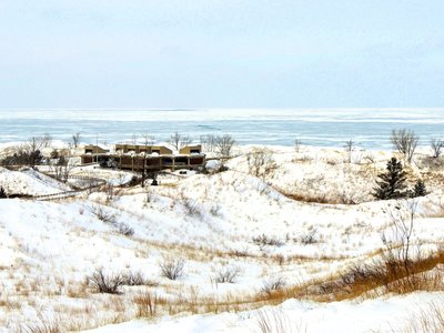 Stunning view of the ice on Lake Michigan and the West Beach bathhouse.