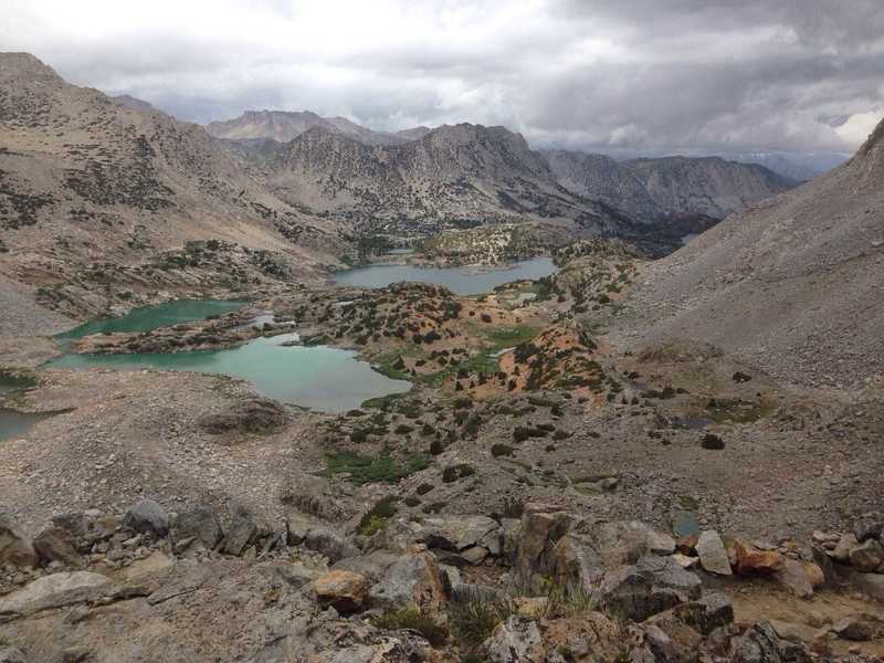 A view down to Bishop Lake and Saddlerock Lake from the trail just below Bishop Pass.