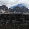 A view of (from left to right) Mount Winchell, Thunderbolt Peak and the North Palisade from Dusy Basin, dusted by a small July snowstorm