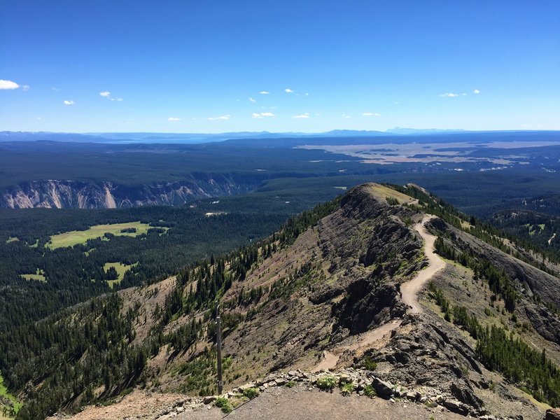 Looking down Mt Washburn trail - Tetons, Hayden Valley, and Yellowstone Gorge in background